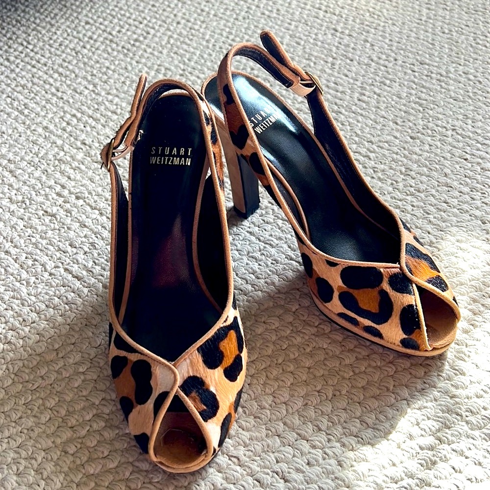 **SOLD** STUART WEITZMAN - Genuine Calf Hair Leopard Peep Toe Slingback 6.5